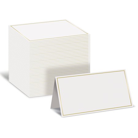 BETTER OFFICE PRODUCTS 100 Pack Gold Metallic Border Place Cards, 2in. x 3.5in. Folded Table Tent Cards, 100PK 64646